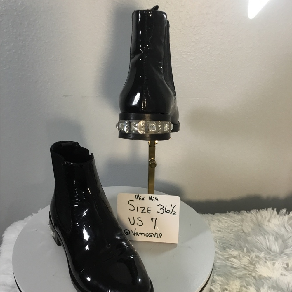 Miu Miu Patent Leather Black Ankle Boots with Crystal Heel Accent